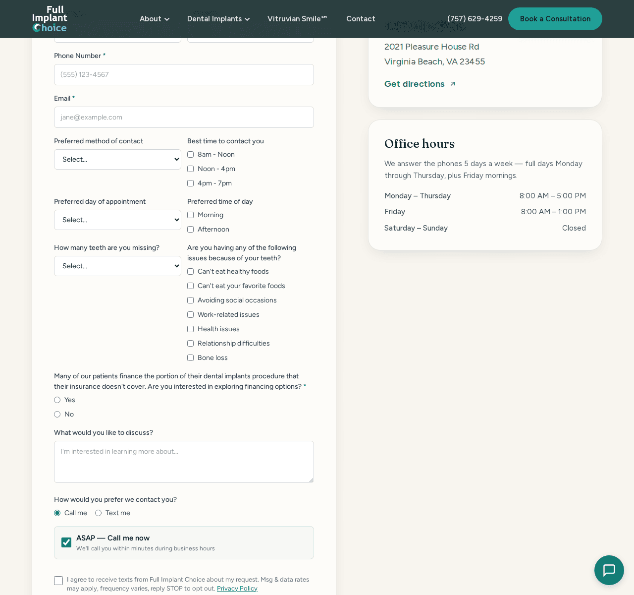 The Full Implant Choice contact page showing the callback request form with name, phone, and email fields, and the unchecked SMS-consent checkbox near the bottom